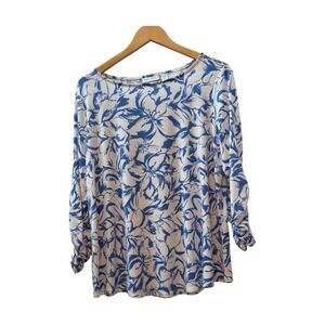 Susan Graver Women's Blue Floral Print Long Sleeve Ruched Cuff Top XL